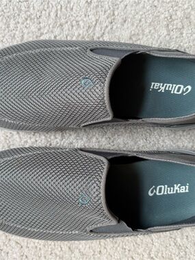 OluKai Men's Slip-On Mesh Loafers in Gray with Teal Accent